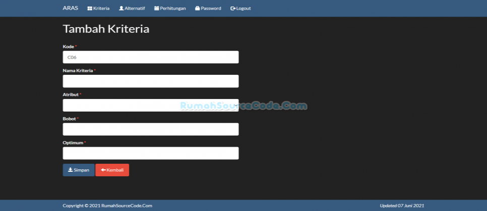 SPK Metode ARAS PHP Kriteria Tambah