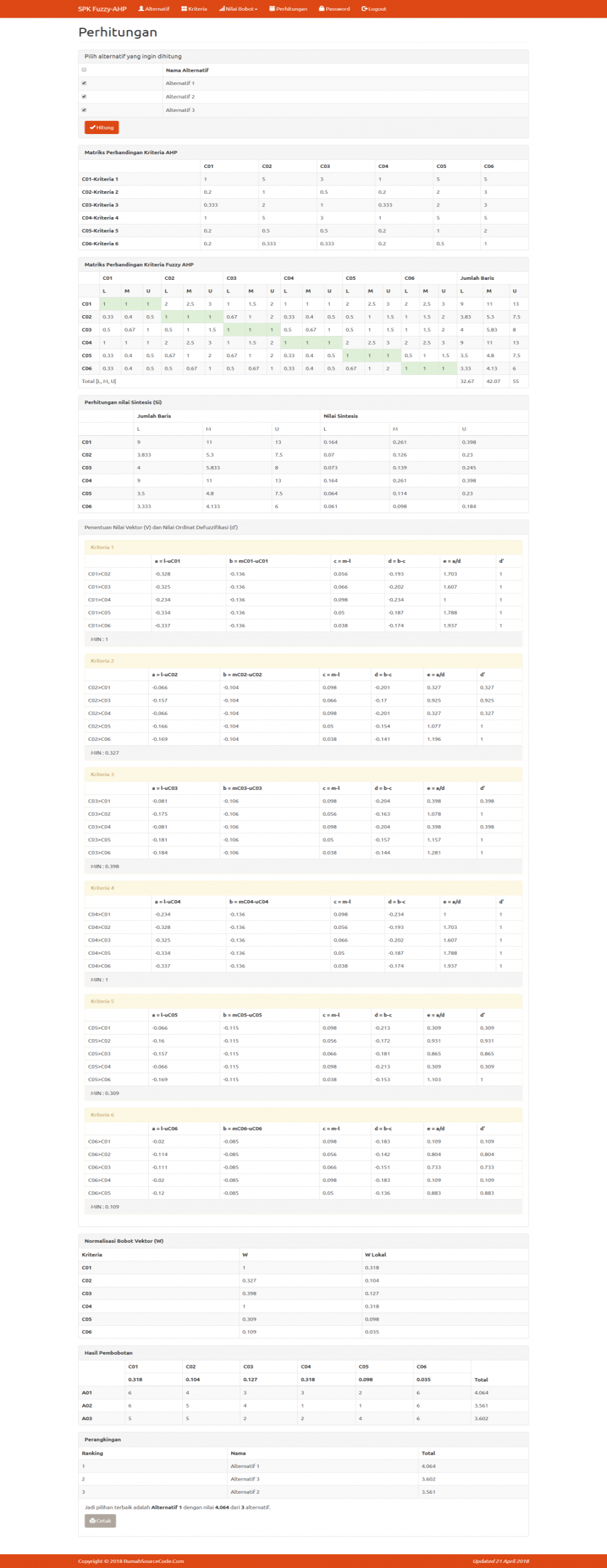 Source Code Fuzzy AHP PHP Perhitungan Hasil