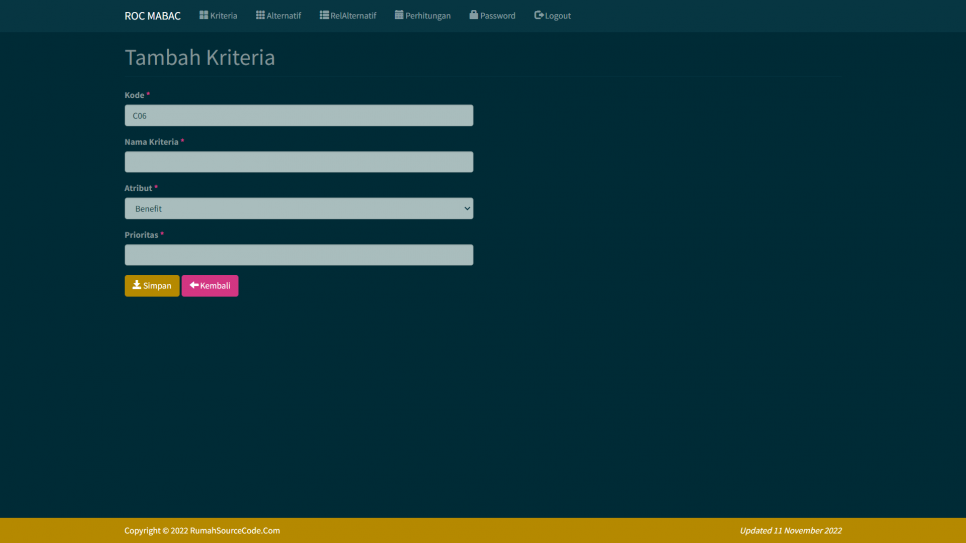 ROC MABAC PHP Kriteria Tambah
