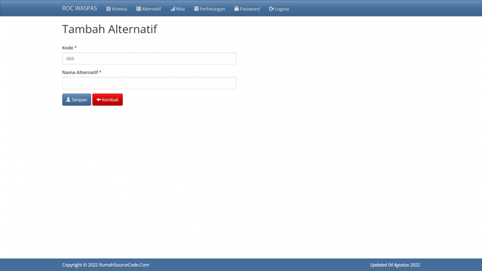 ROC WASPAS PHP Alternatif Tambah