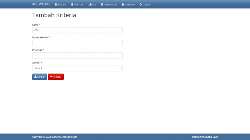 ROC WASPAS PHP Kriteria Tambah