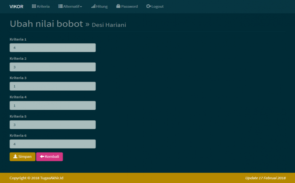 SPK Metode VIKOR PHP Nilai Alternatif Ubah